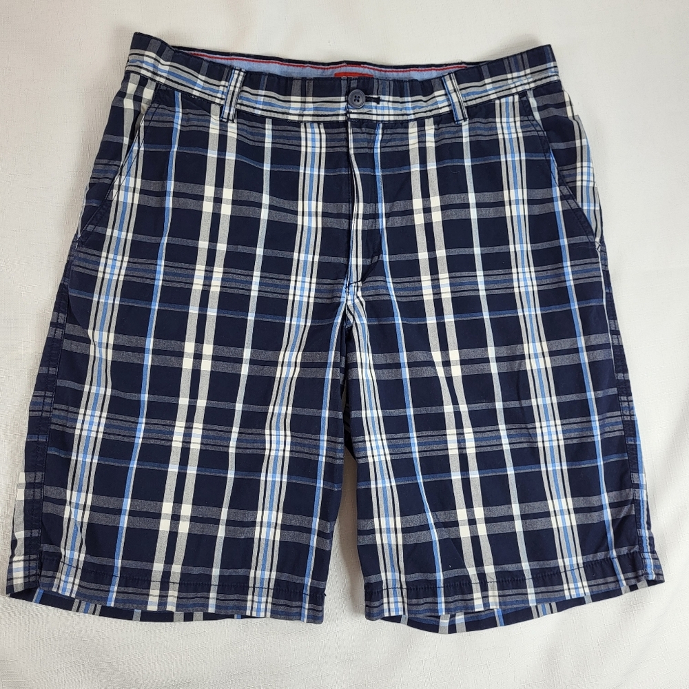 IZOD Navy Blue White Plaid SHORTS Mens 34 Flat Front Belt Loops Cotton Zip